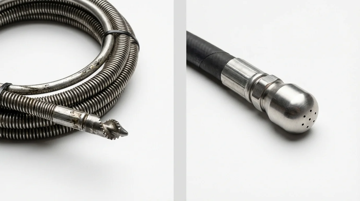 Drain snake cable and hydro jetting nozzle used for drain cleaning in Parkers Prairie, MN