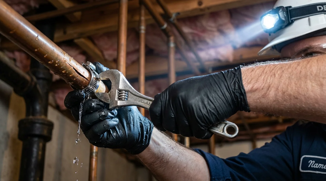 Emergency pipe clamp repair being performed by a Johns Plumbing LLC plumber in Parkers Prairie