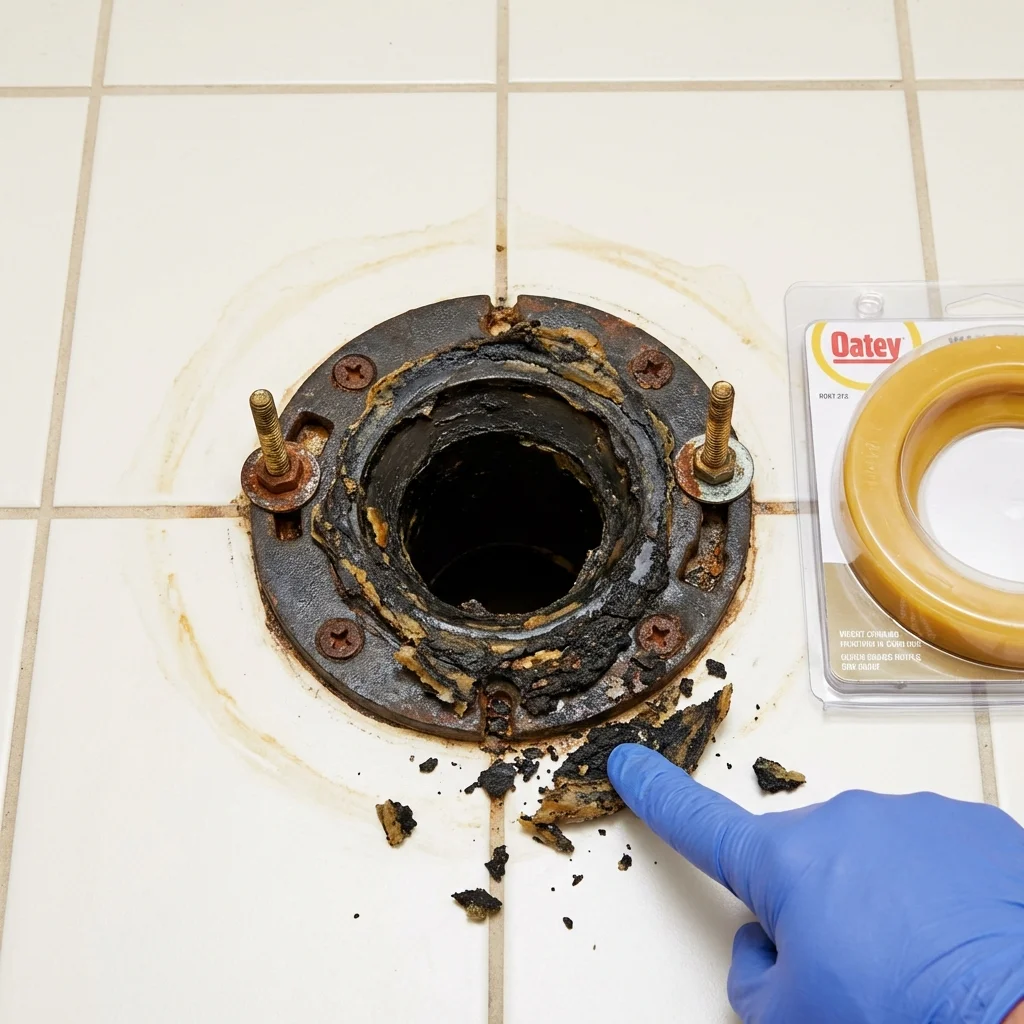 Failed wax ring showing water seepage at the base of a toilet in a Parkers Prairie, MN home