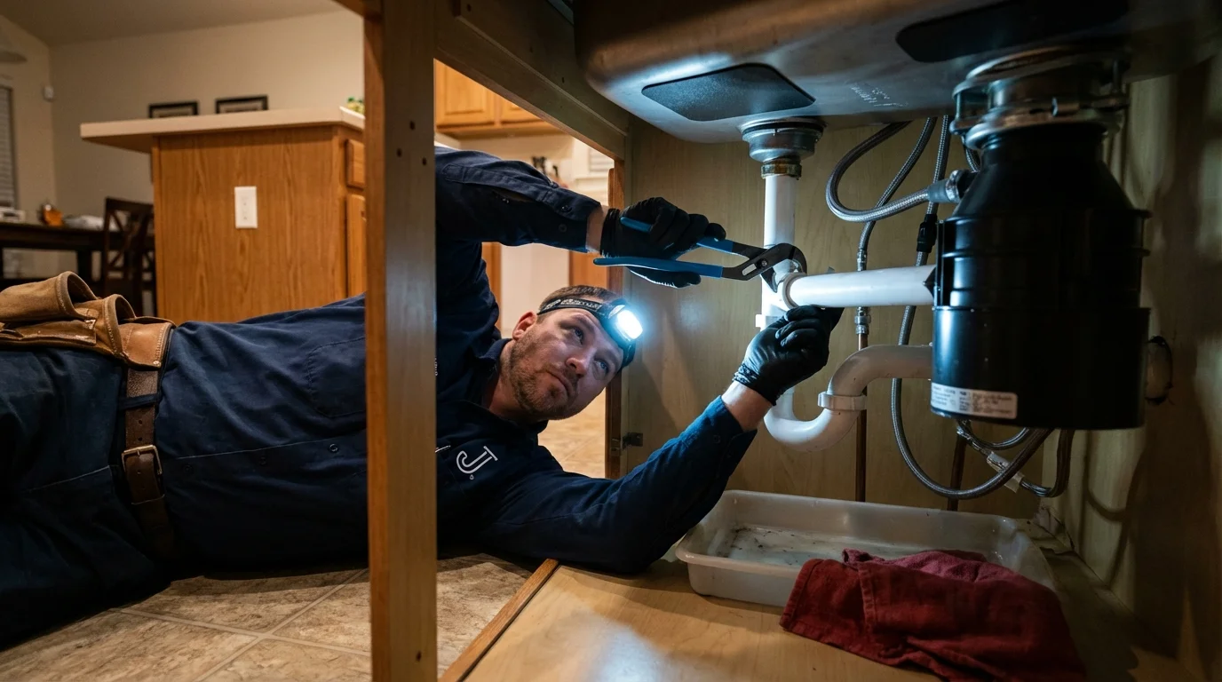 P-trap and supply line connections under a kitchen sink showing a common leak point in Parkers Prairie, MN